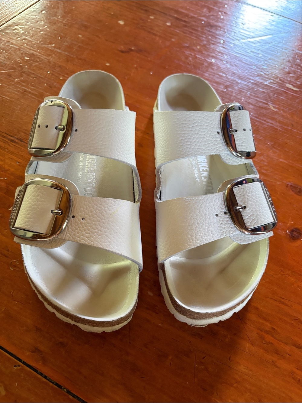 Birkenstock White Double-Buckle Kids Sandals with Gold Buckles